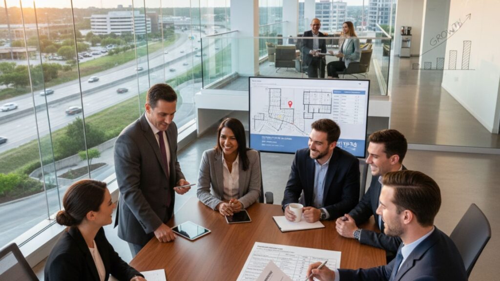 Professional view of a modern commercial business park in North Houston at sunset.