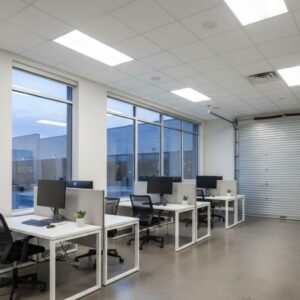 Interior of a modern, move-in ready office suite with energy-efficient lighting.