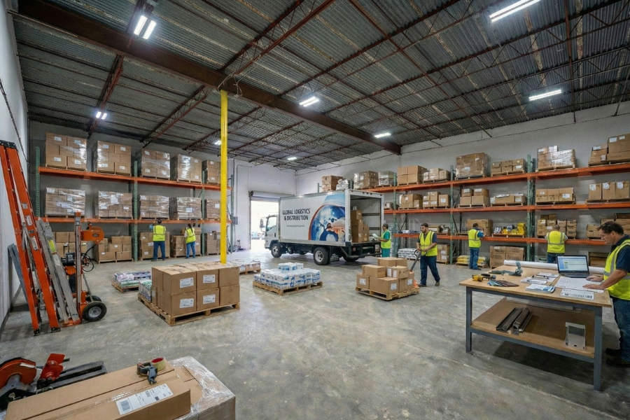 a warehouse with equipment