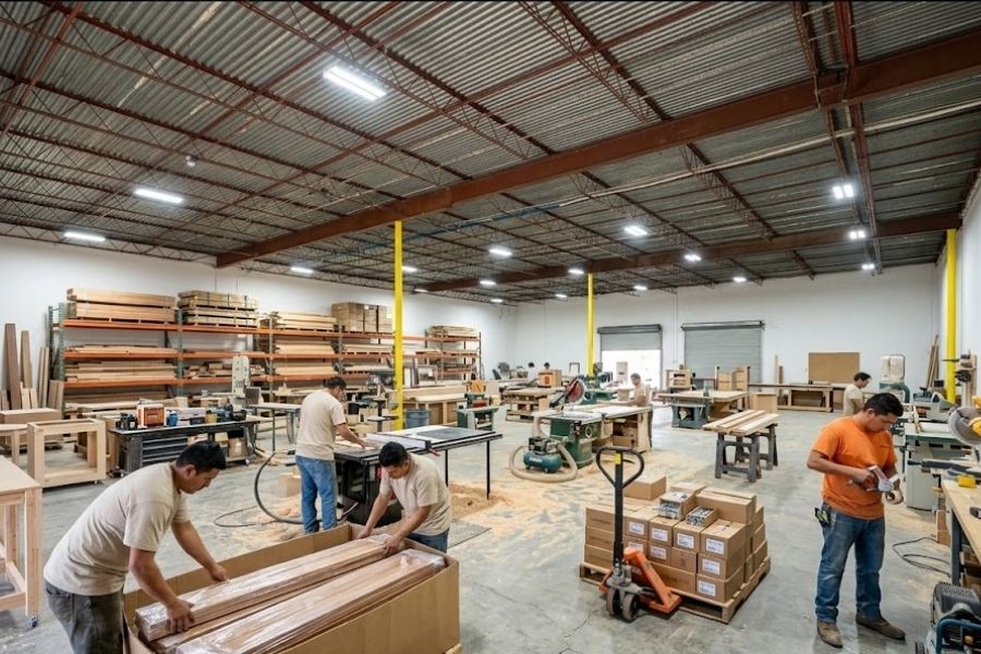 Carpentery company packing and sawing planks of wood in a warehouse