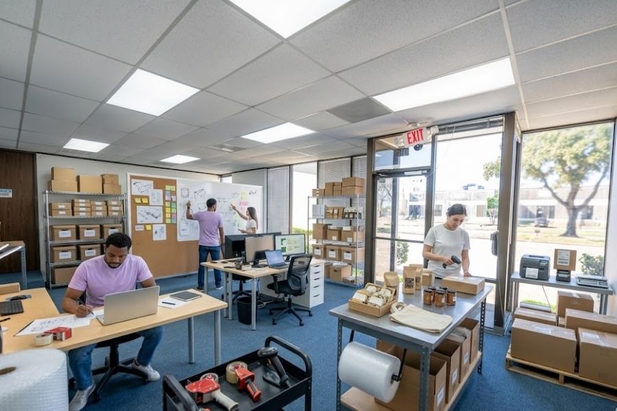 Ecomm company packing orders and brainstorming ideas on a white board in an office pod