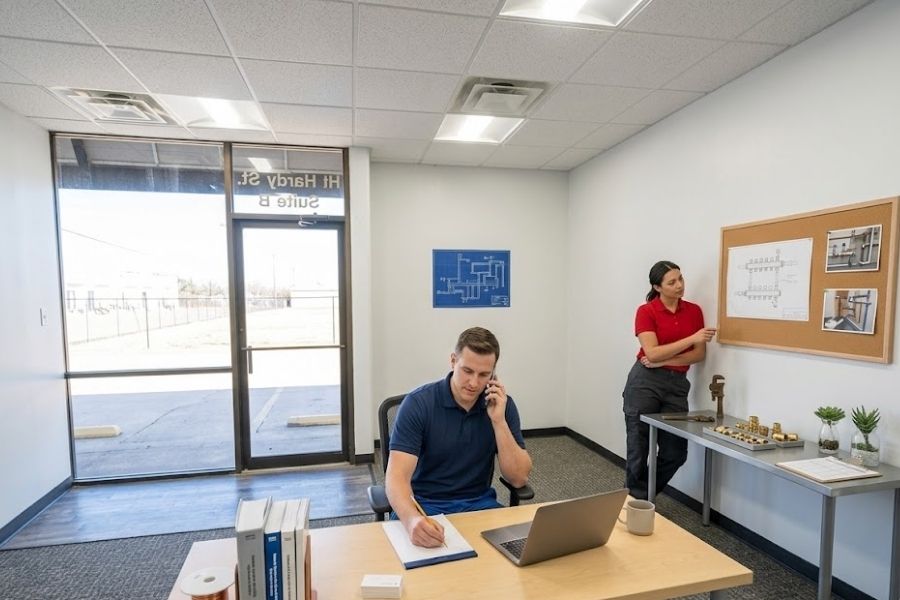 Plumbing employee taking a phone call while another analyzes the blueprints of a pipe in an office pod