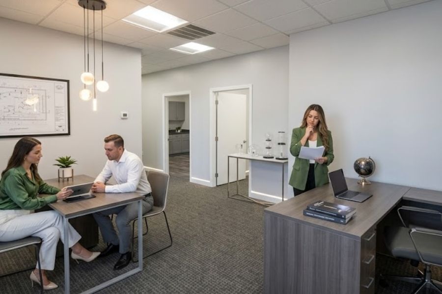 Lighting company employees in an office pod