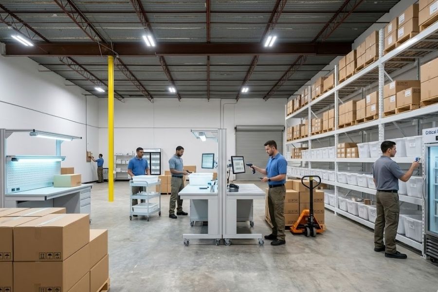 Team of people scanning boxes and cartons of medical supply equipment