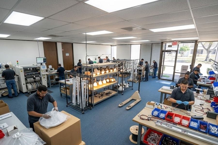 Multiple types of lighting fixtures and employees in an office space