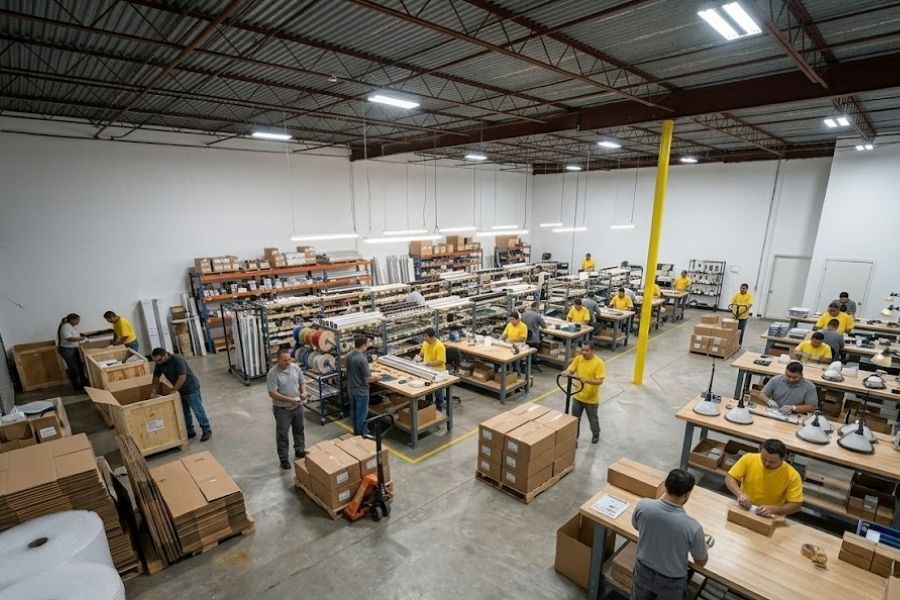 Large lighting company packing orders and building light fixtures