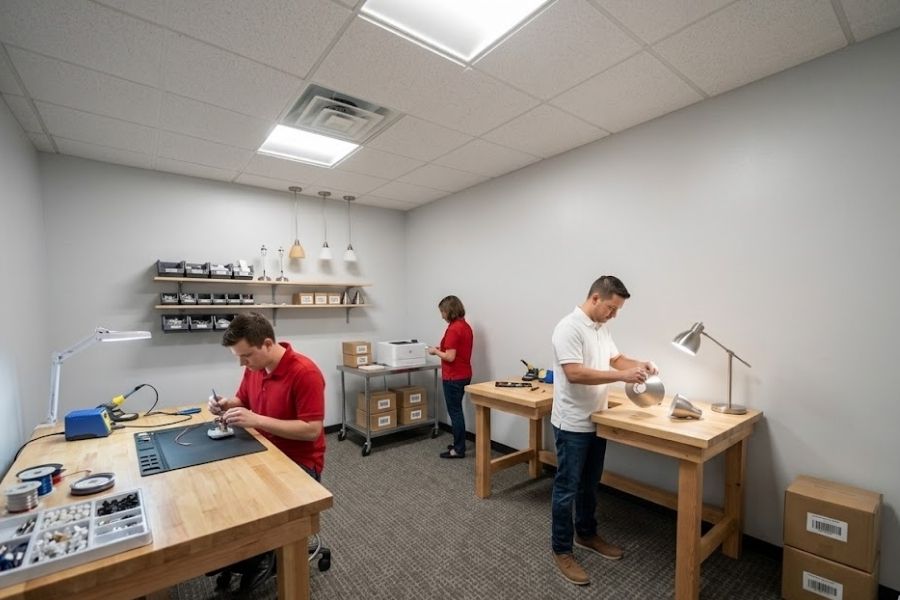 Small lighting repair company building lamps